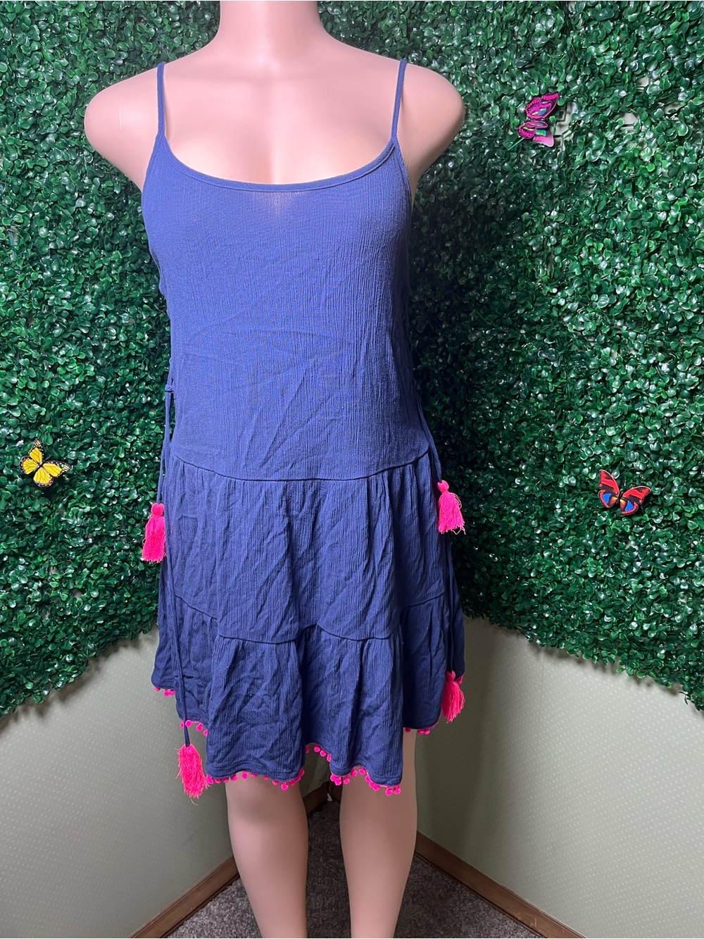 Xhilaration Navy Blue Tiered Dress with Pink Tassels